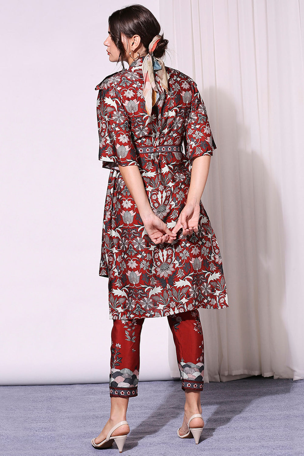 Merlot Red Floral Printed Jacket And Pants