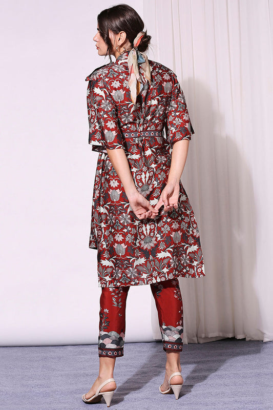 Merlot Red Floral Printed Jacket And Pants