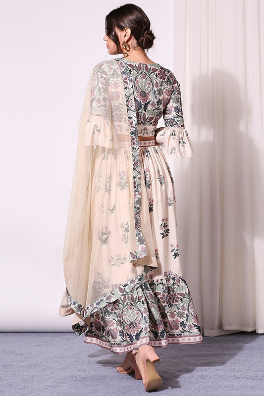 Pasrel Floral Printed Crop Top And Skirt