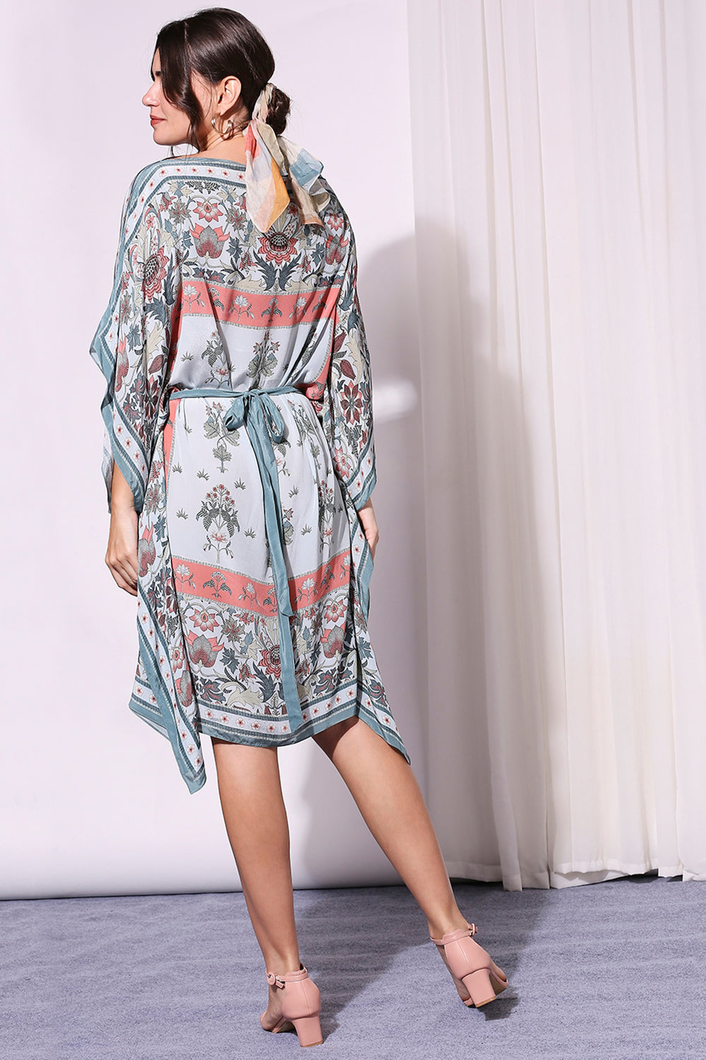 Pastel Blue Floral Printed Kaftan Dress