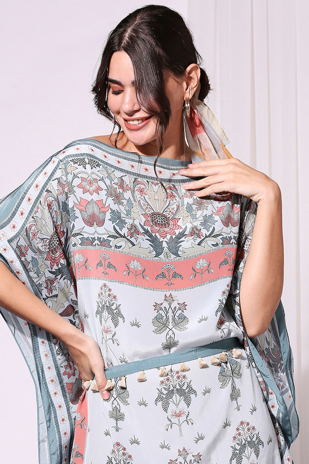 Pastel Blue Floral Printed Kaftan Dress