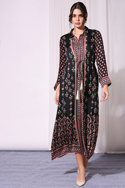 Black Ethnic Printed Dress With Waist Tie Up