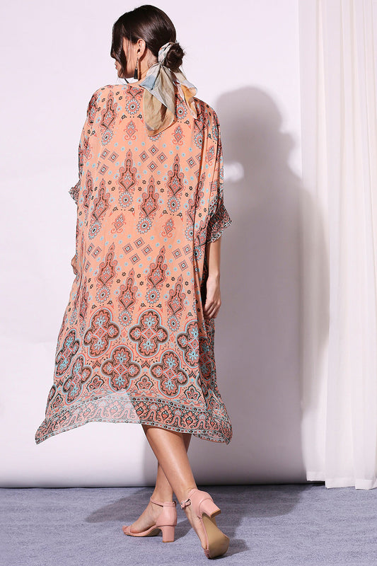 Printed Kaftan Dress With Rushed Sleeves