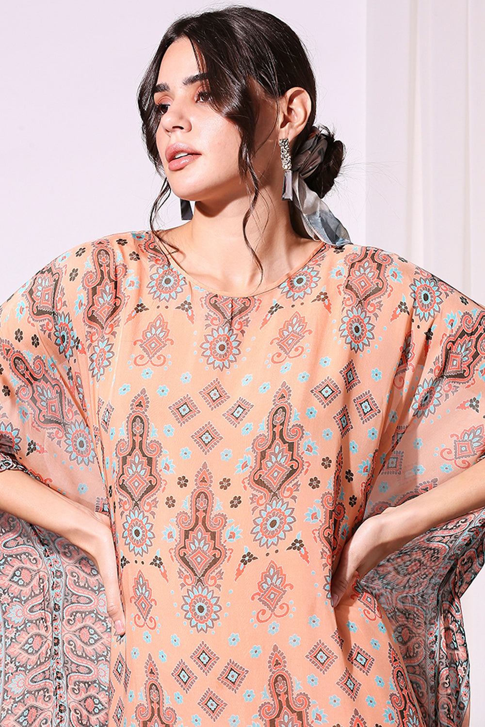 Printed Kaftan Dress With Rushed Sleeves
