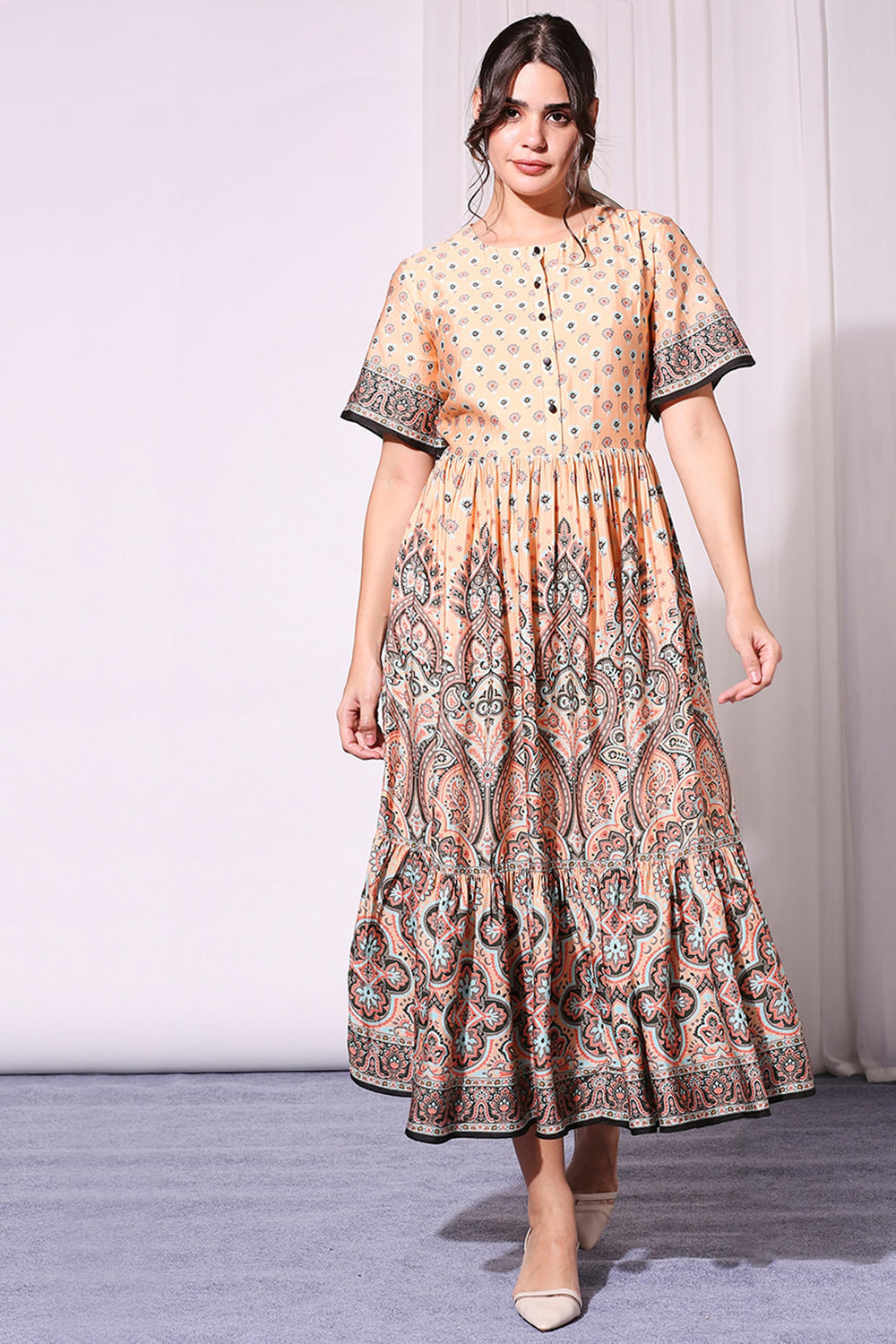 Peach Printed Ethical Kaftaan Dress