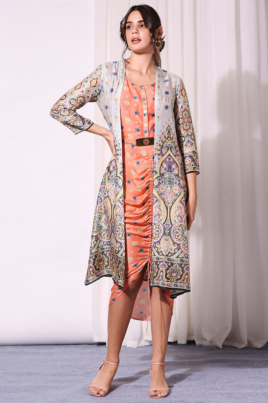 Ethnic Pastel Printed Dress And Jacket