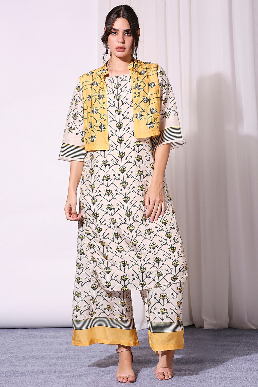 Yellow Summer Floral Printed Kurta Set With Jacket