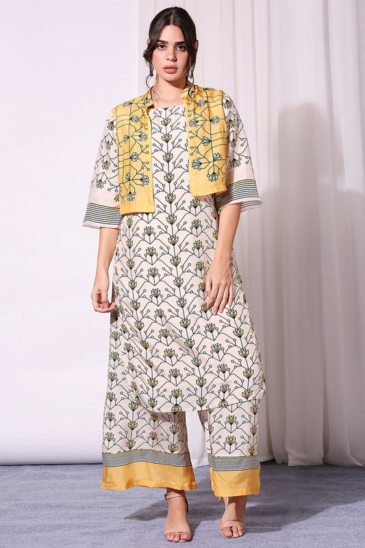Yellow Summer Floral Printed Kurta Set With Jacket