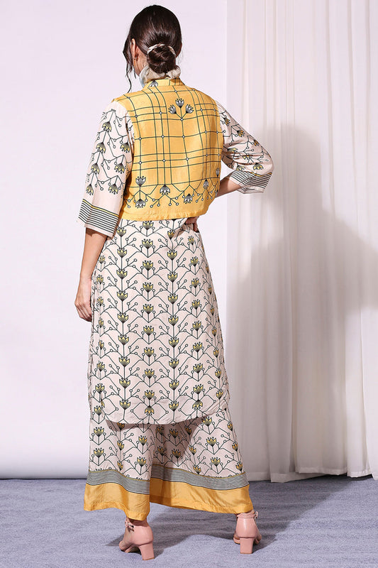 Yellow Summer Floral Printed Kurta Set With Jacket