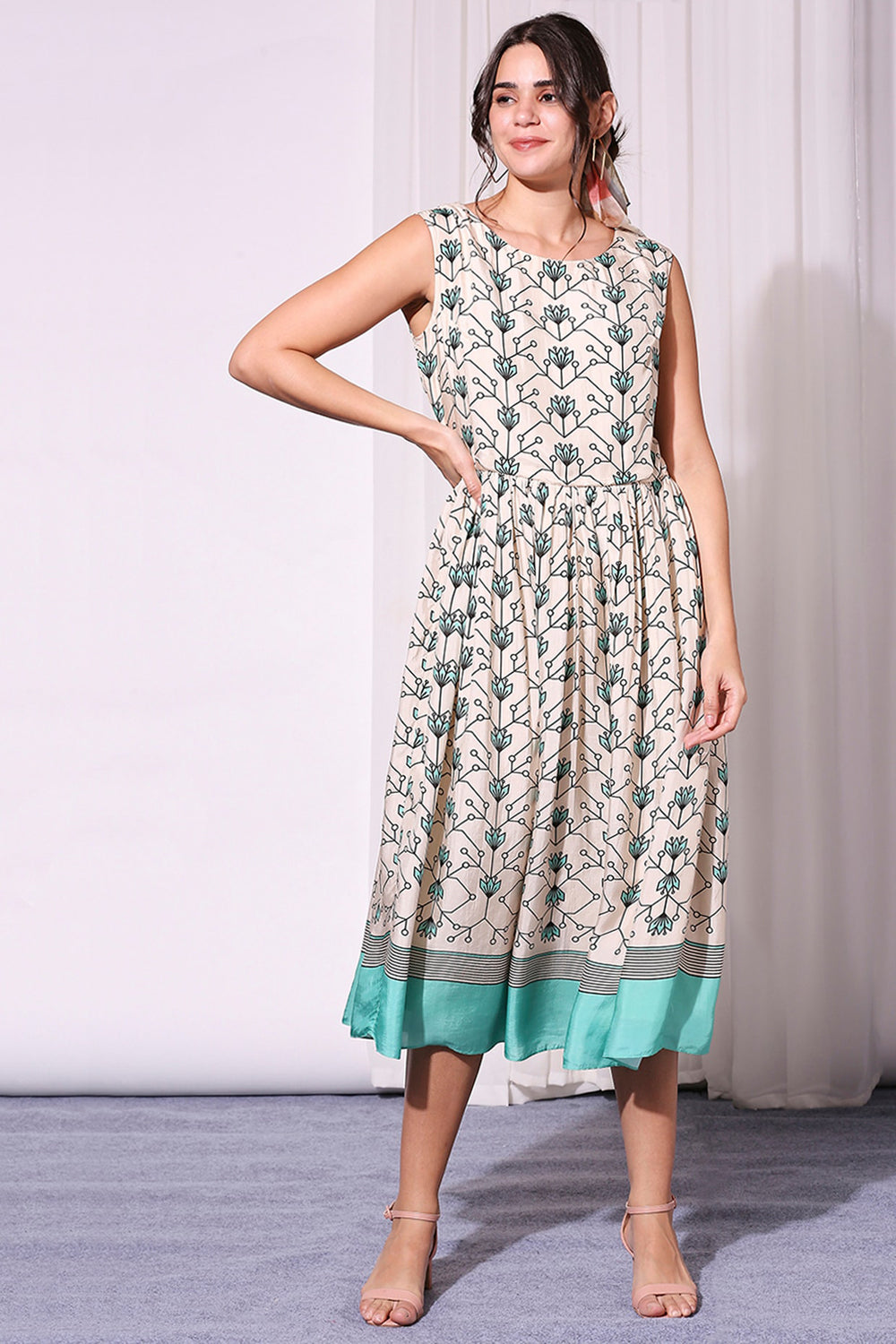 Sea Green Summer Floral Printed Dress And Jacket