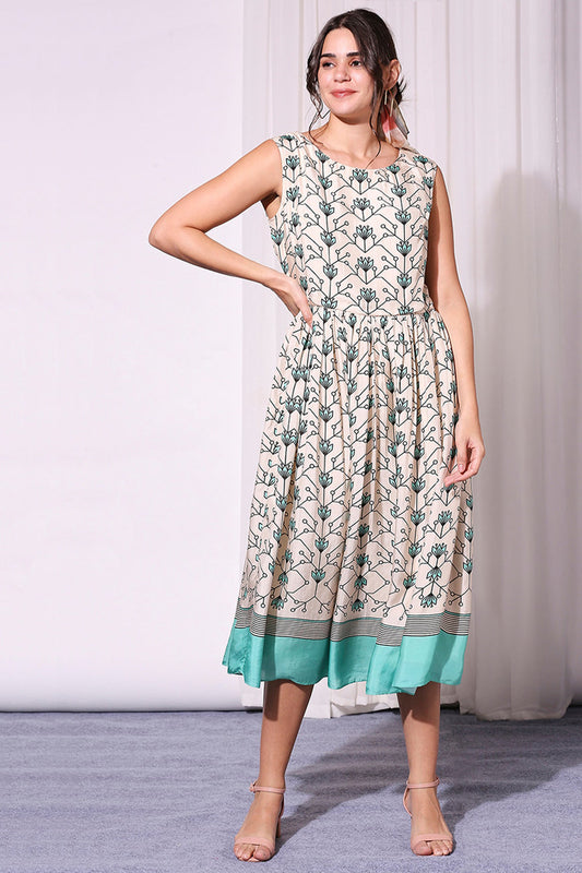 Sea Green Summer Floral Printed Dress And Jacket