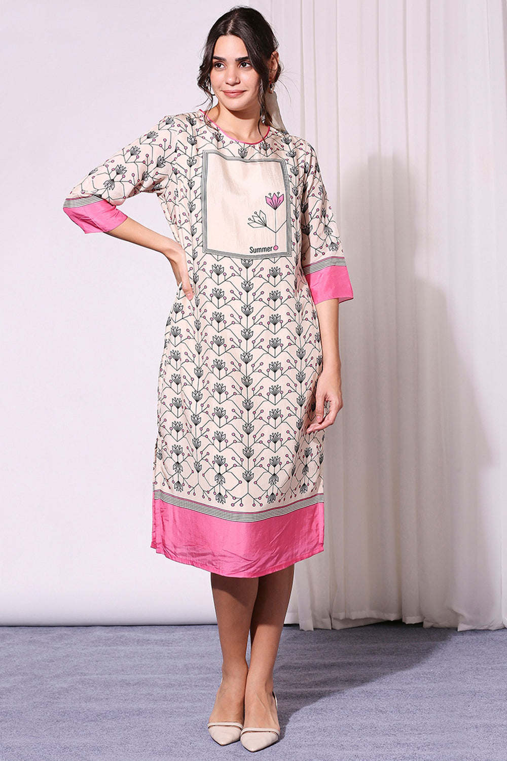 Powder Pink Summer Floral Printed Dress