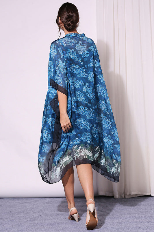 Persian Blue Cloud Printed Kaftan Top With Neck Tie-Up