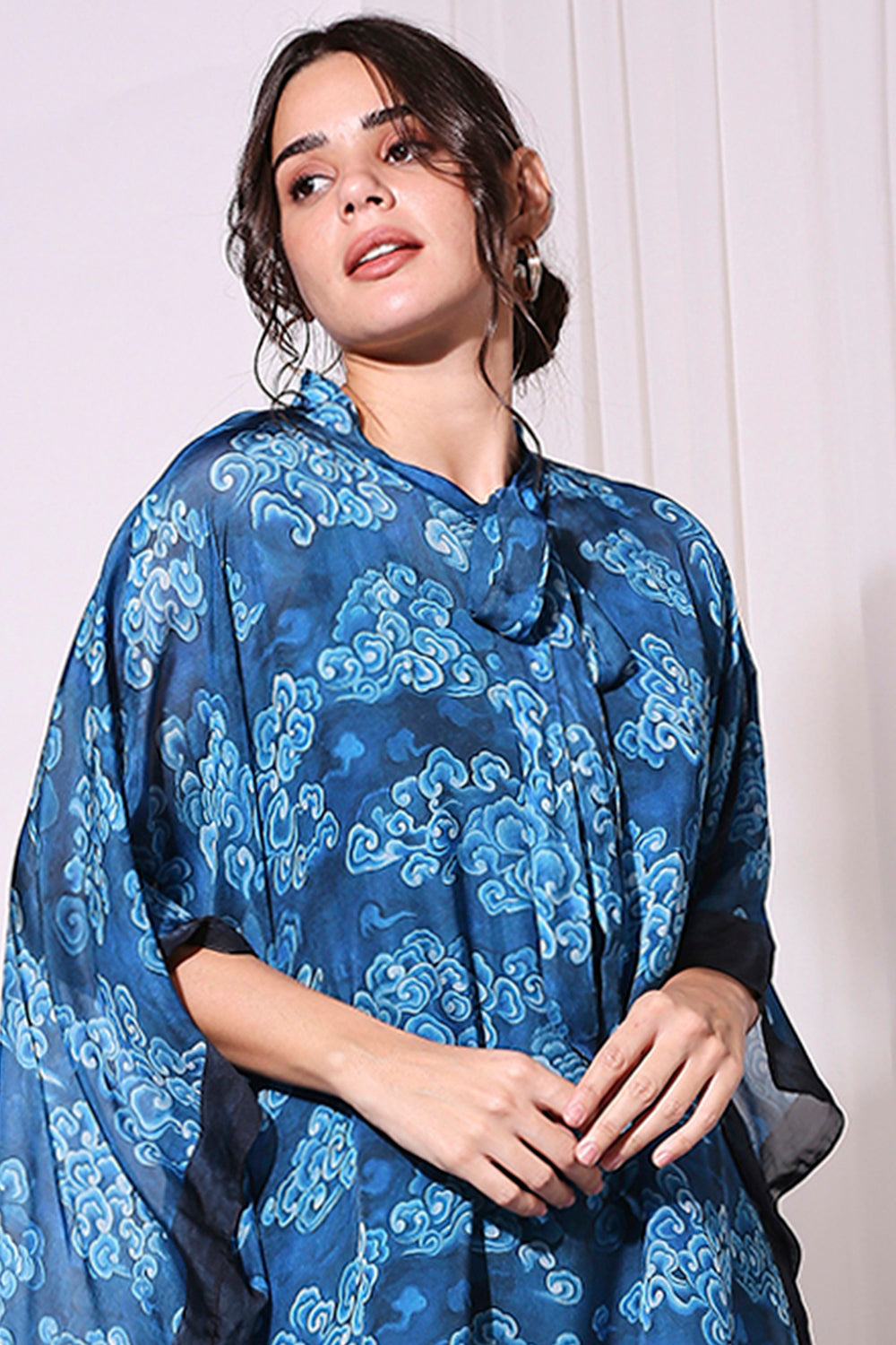 Persian Blue Cloud Printed Kaftan Top With Neck Tie-Up