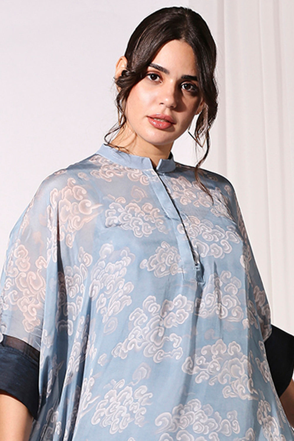 Cloud Printed Kaftan Top With Solid Cuffs