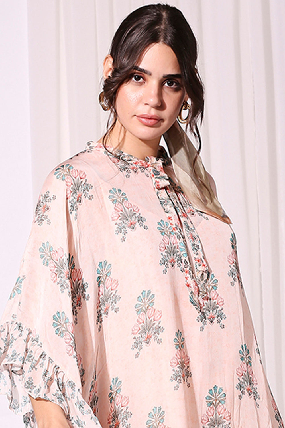 Floral Printed Kaftan With Ruffles And Neck Tie-Up