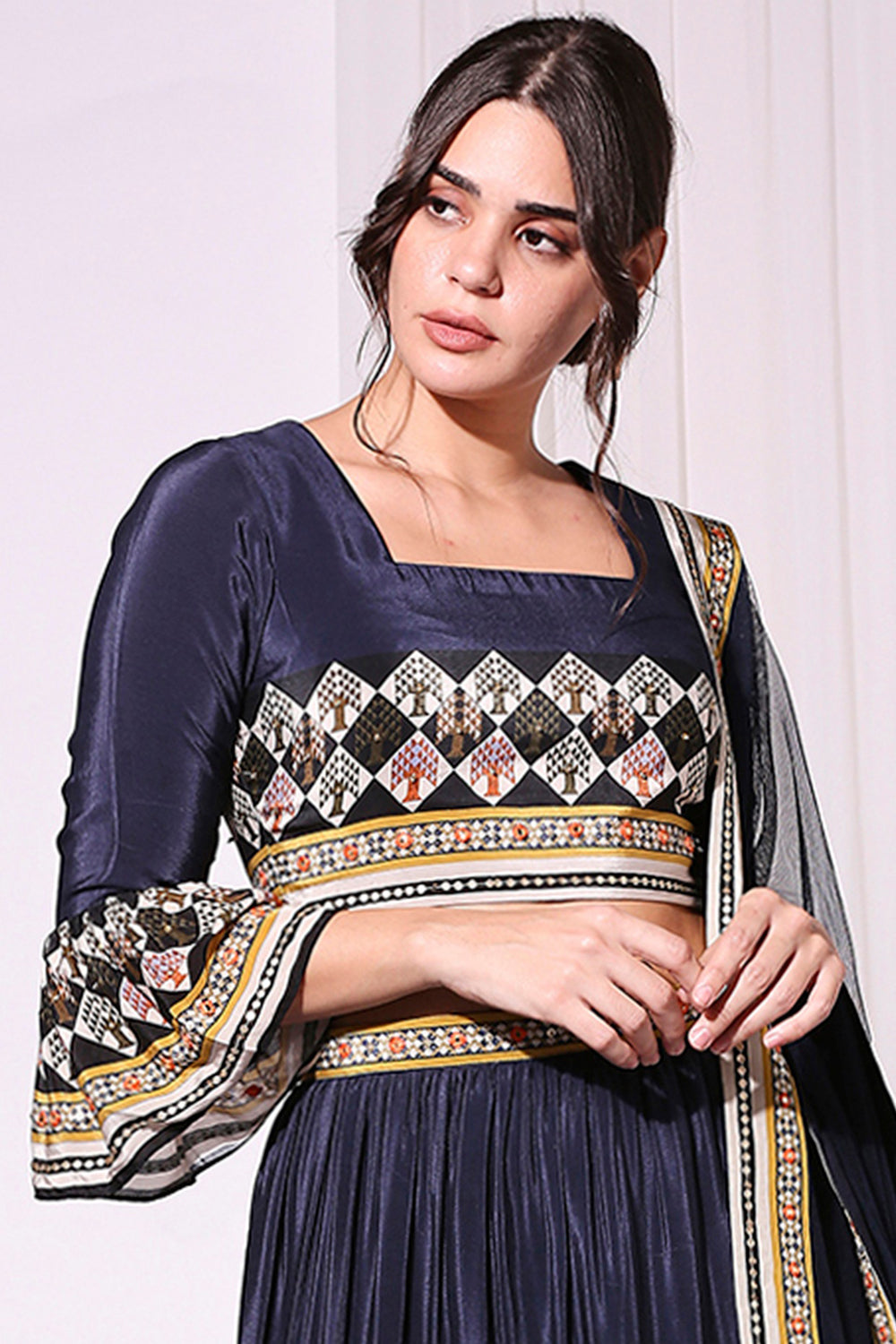 Applique Printed Crop Top And Skirt