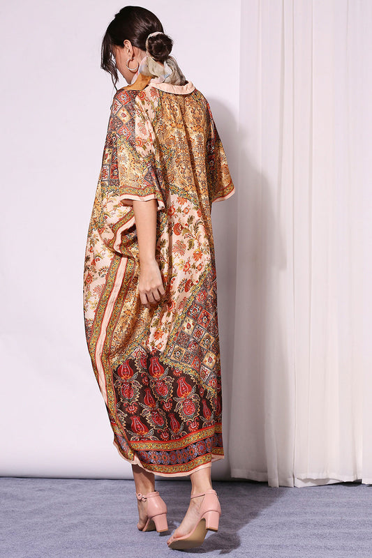 Golden Applique Printed Silk Kaftaan Dress