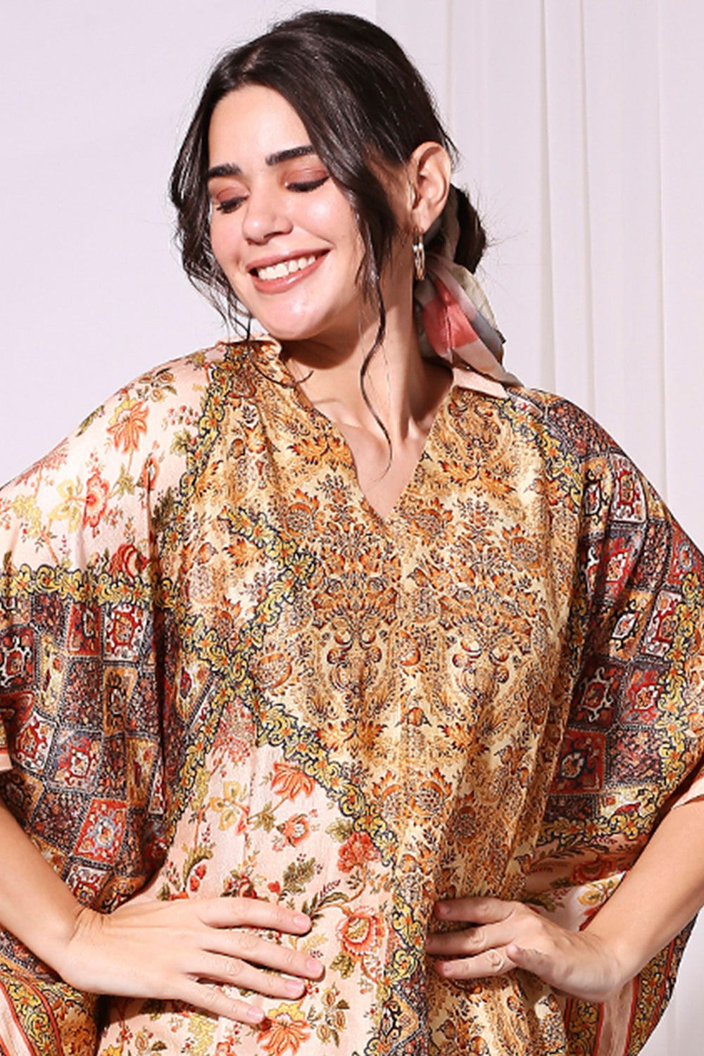 Golden Applique Printed Silk Kaftaan Dress
