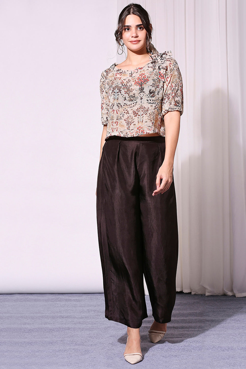 Beige Printed Sequin Off-Shoulder Top Paired With Pants