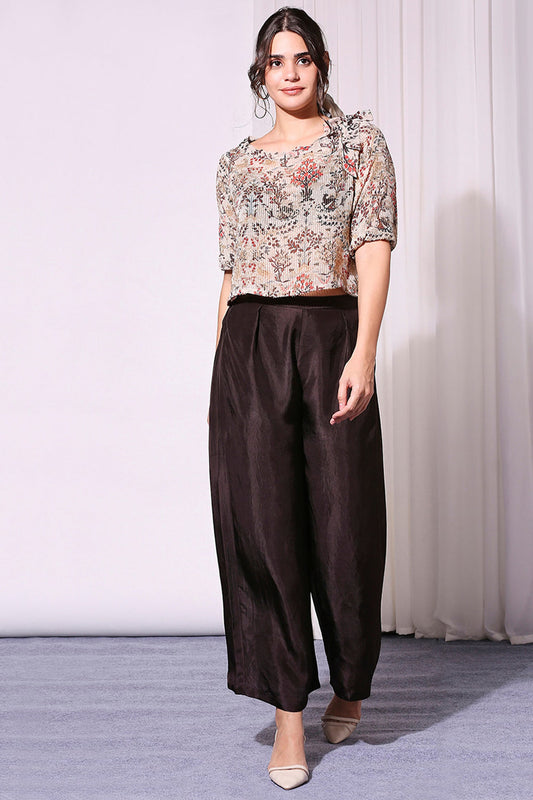 Beige Printed Sequin Off-Shoulder Top Paired With Pants