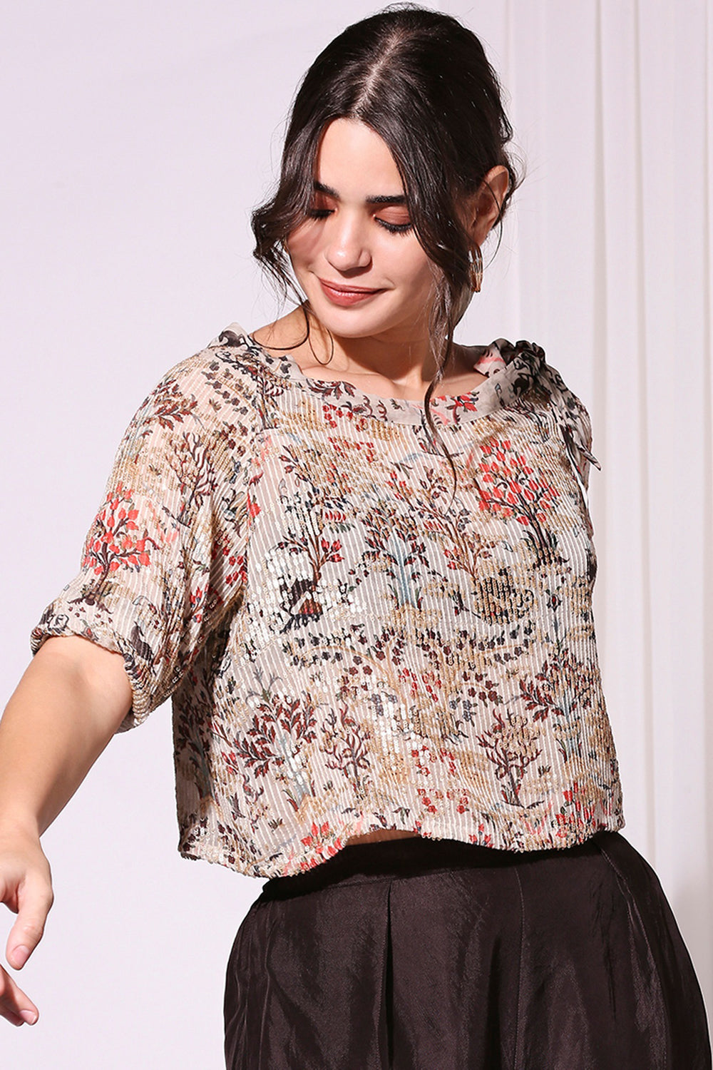 Beige Printed Sequin Off-Shoulder Top Paired With Pants