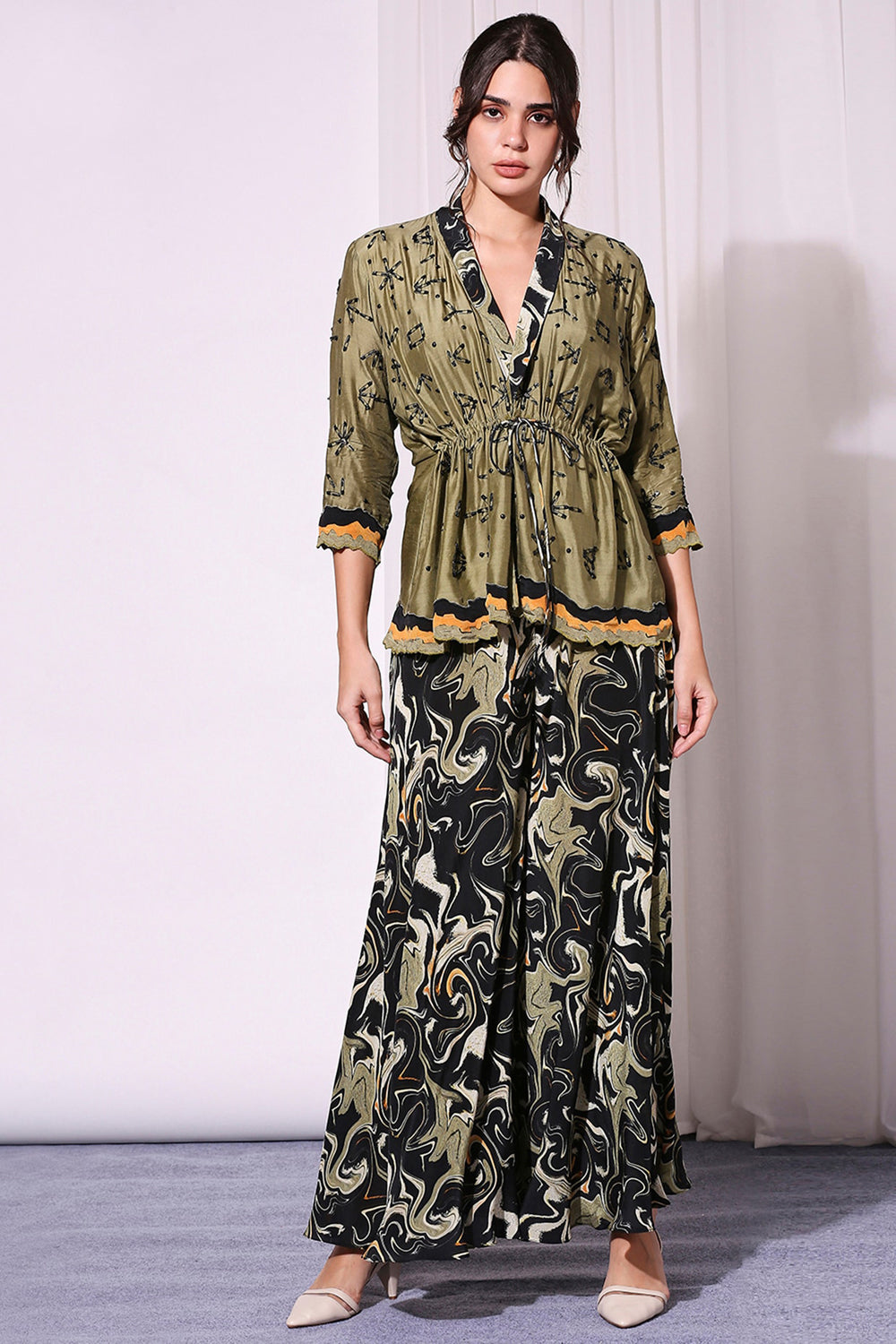 Mehndi Green Saftey Pin Embroidered Top With Marble Printed Pants