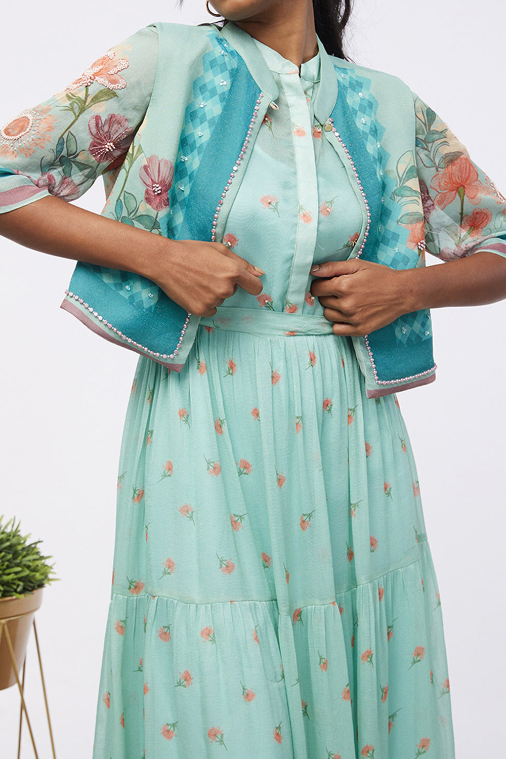 Blooming Bud Printed Tiered Dress With Jacket