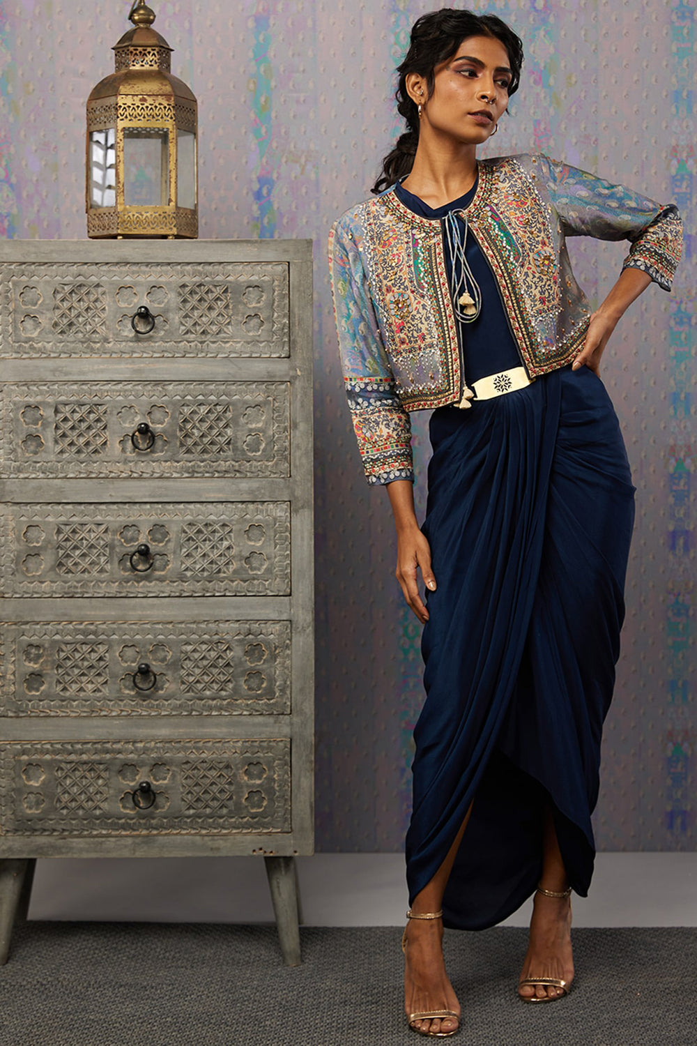 Ikaya Embroidered Drape Dress With Jacket