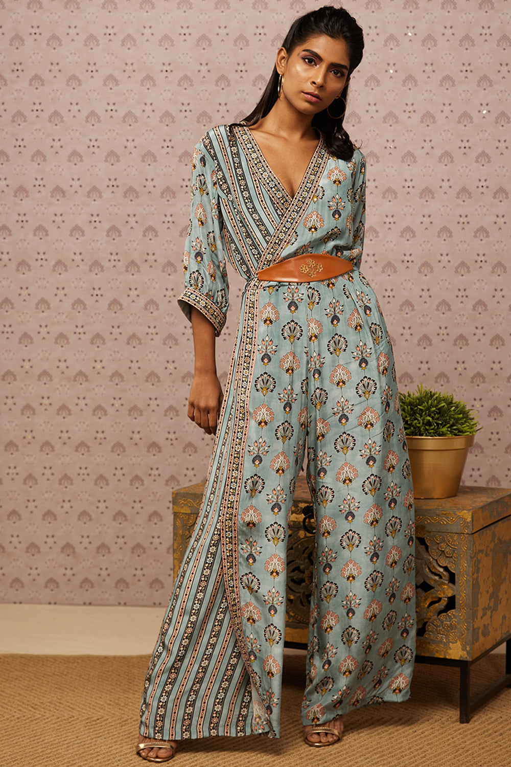 Sarouk Printed Overlap Jumpsuit With Belt