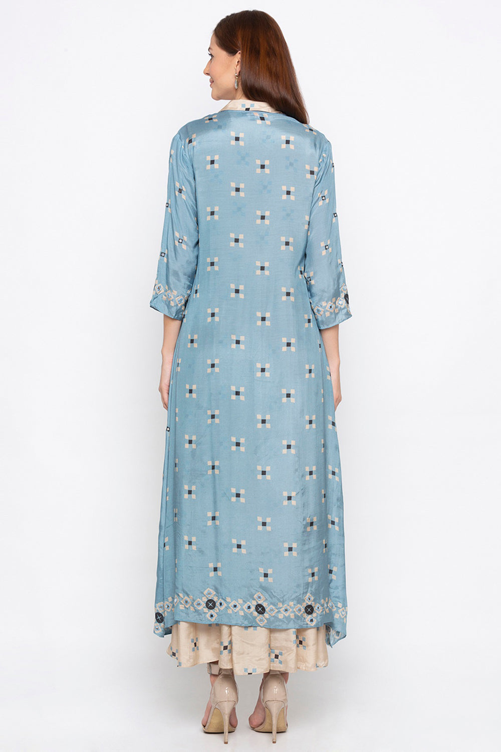 Printed Long Jacket With Pleated Dress.