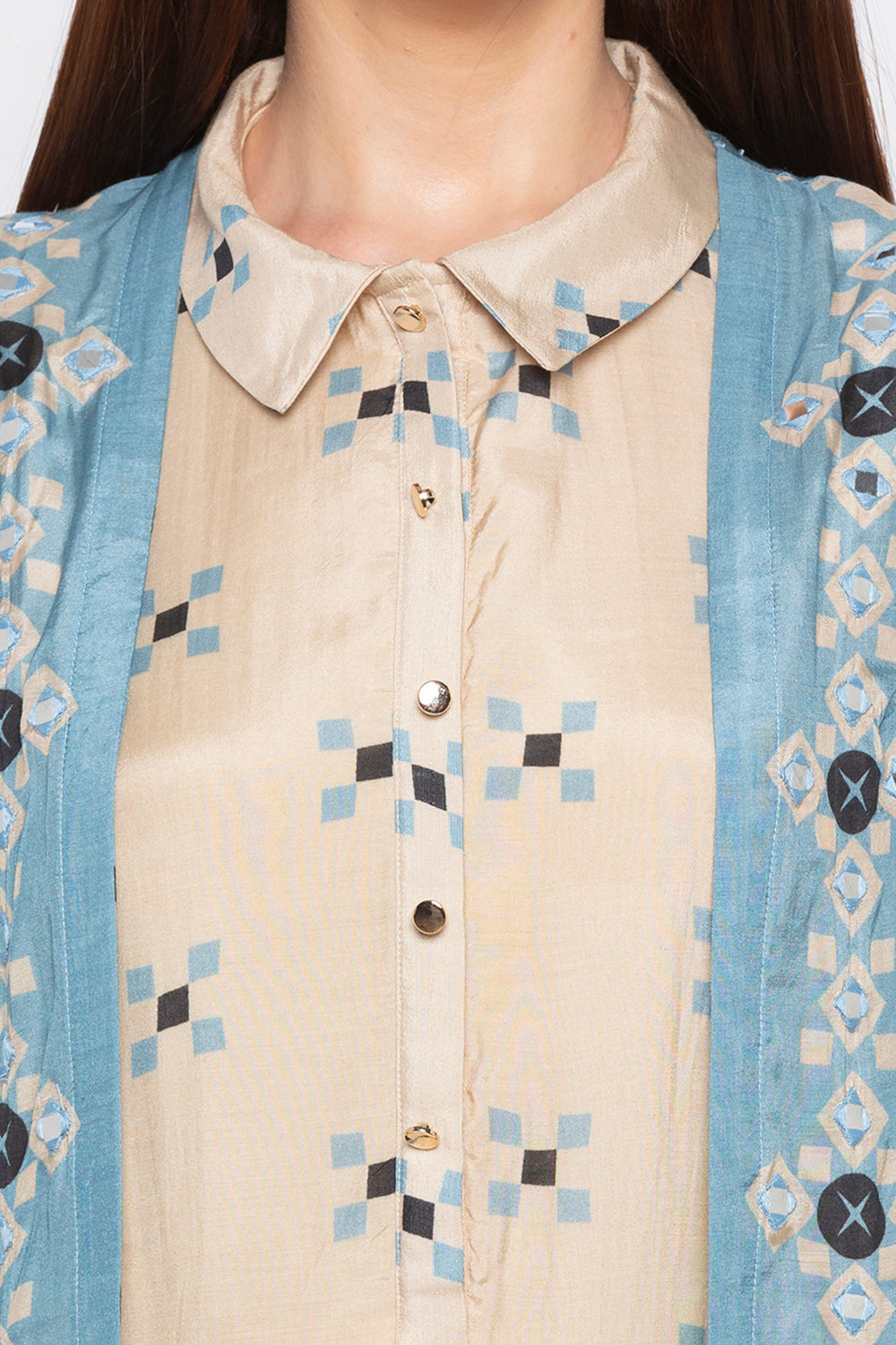 Printed Long Jacket With Pleated Dress.