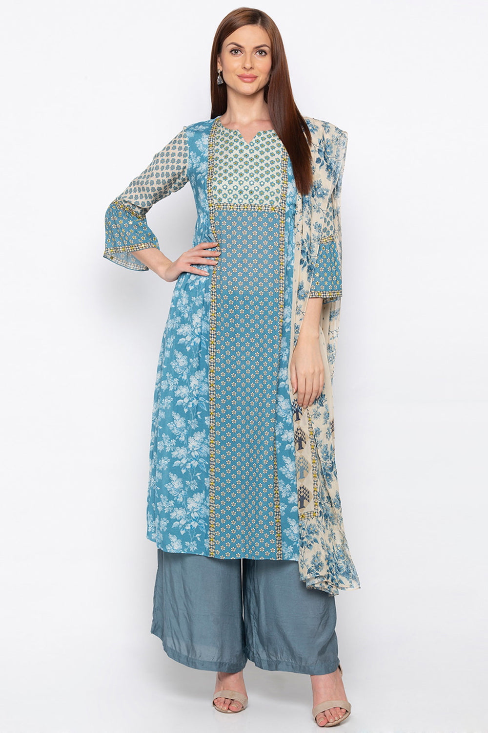 Applique Floral Palazzo Suit With Dupatta