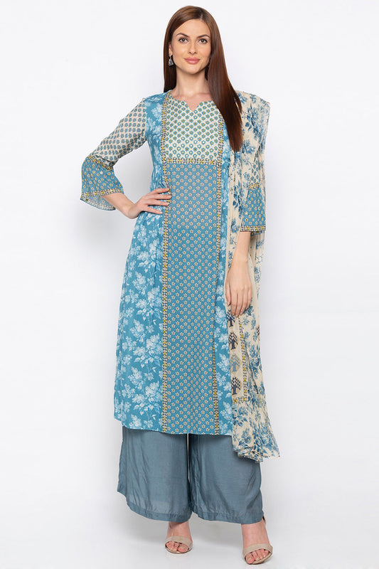 Applique Floral Palazzo Suit With Dupatta