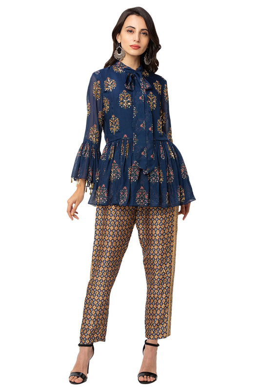 Embroidered Printed Top With Tie-Up And Cigarette Pants