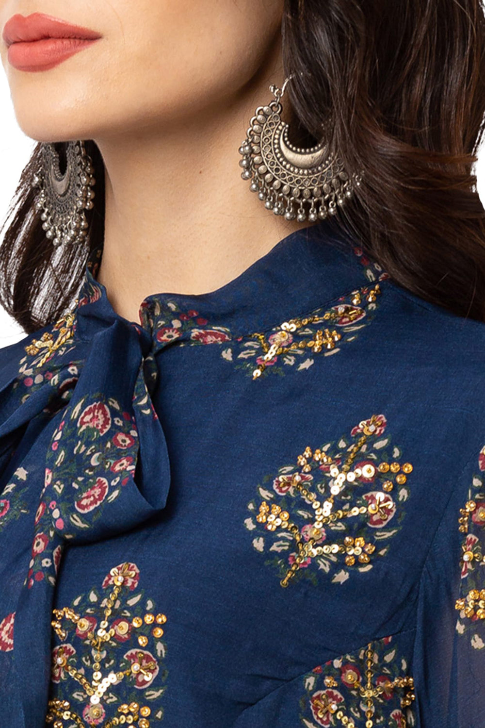 Embroidered Printed Top With Tie-Up And Cigarette Pants