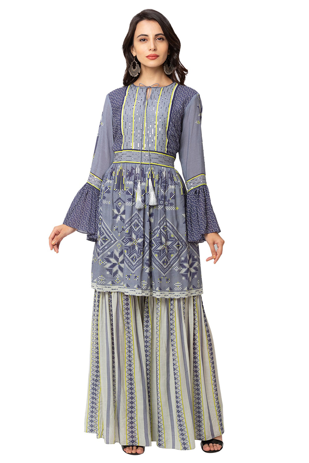 Embroidred Printed Peplum Top With Sharara Pants And Dupatta