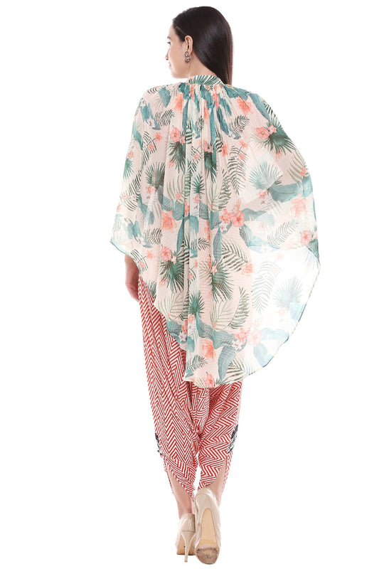 Tropical Printed Cape With Printed Red Dhoti Jumpsuit