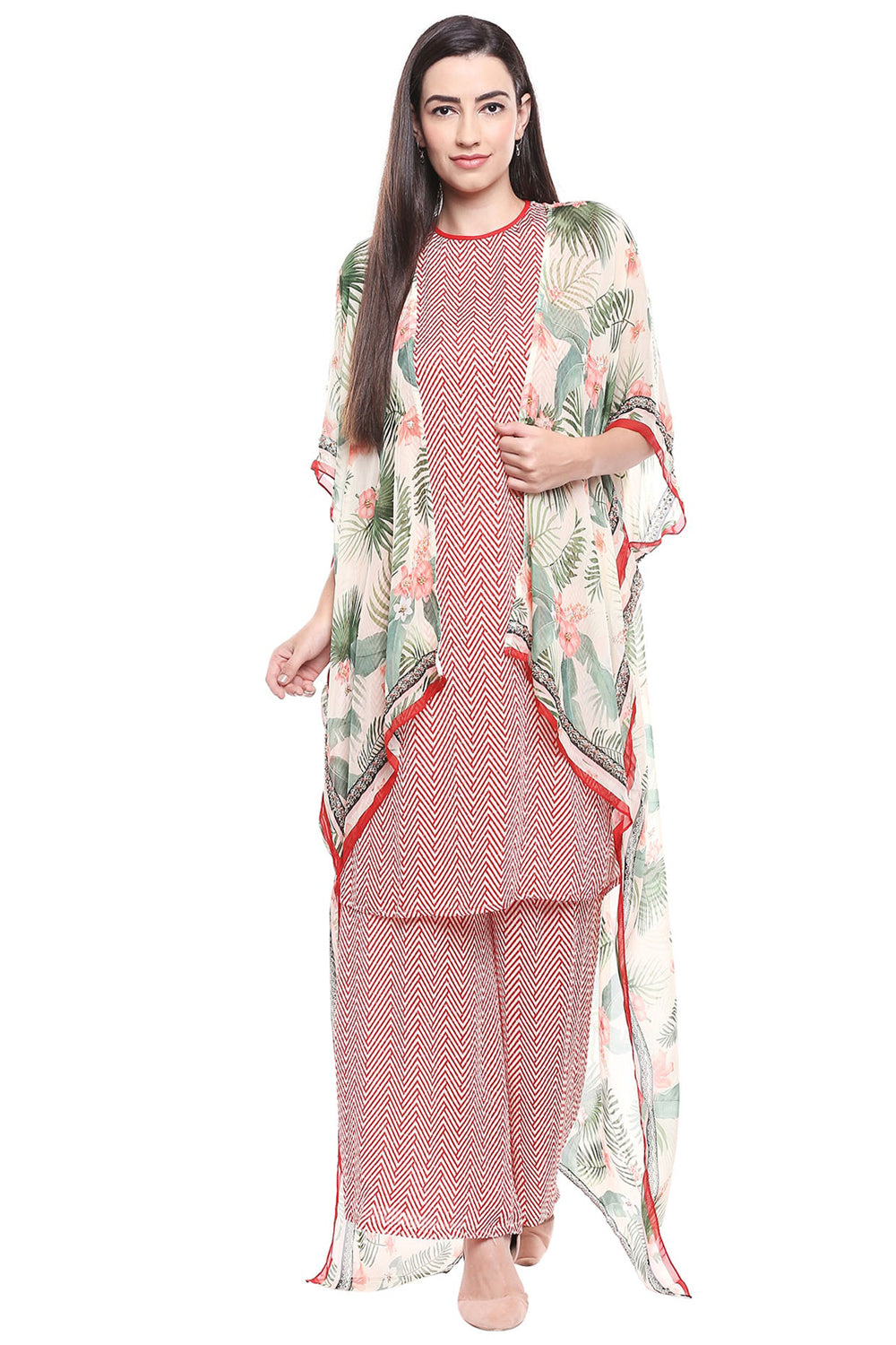 Tropical Printed Cape With Red Kurta And Palazzo