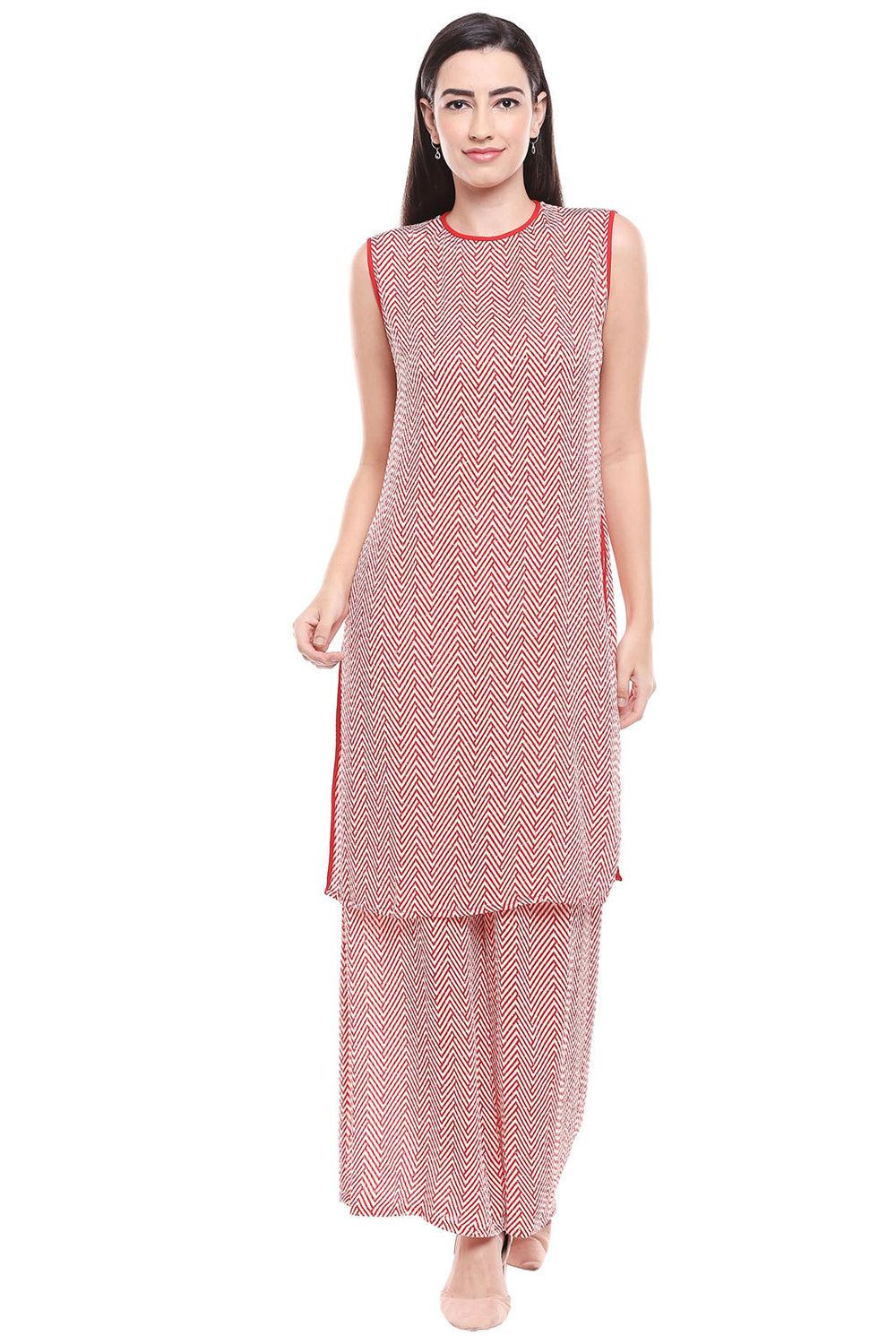 Tropical Printed Cape With Red Kurta And Palazzo