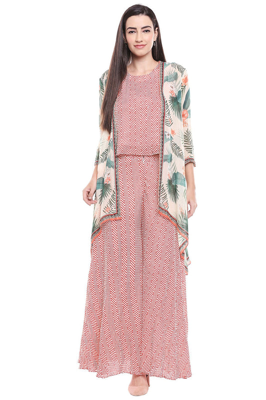 Printed Sequin Palazzo Set With Tropical Printed Jacket