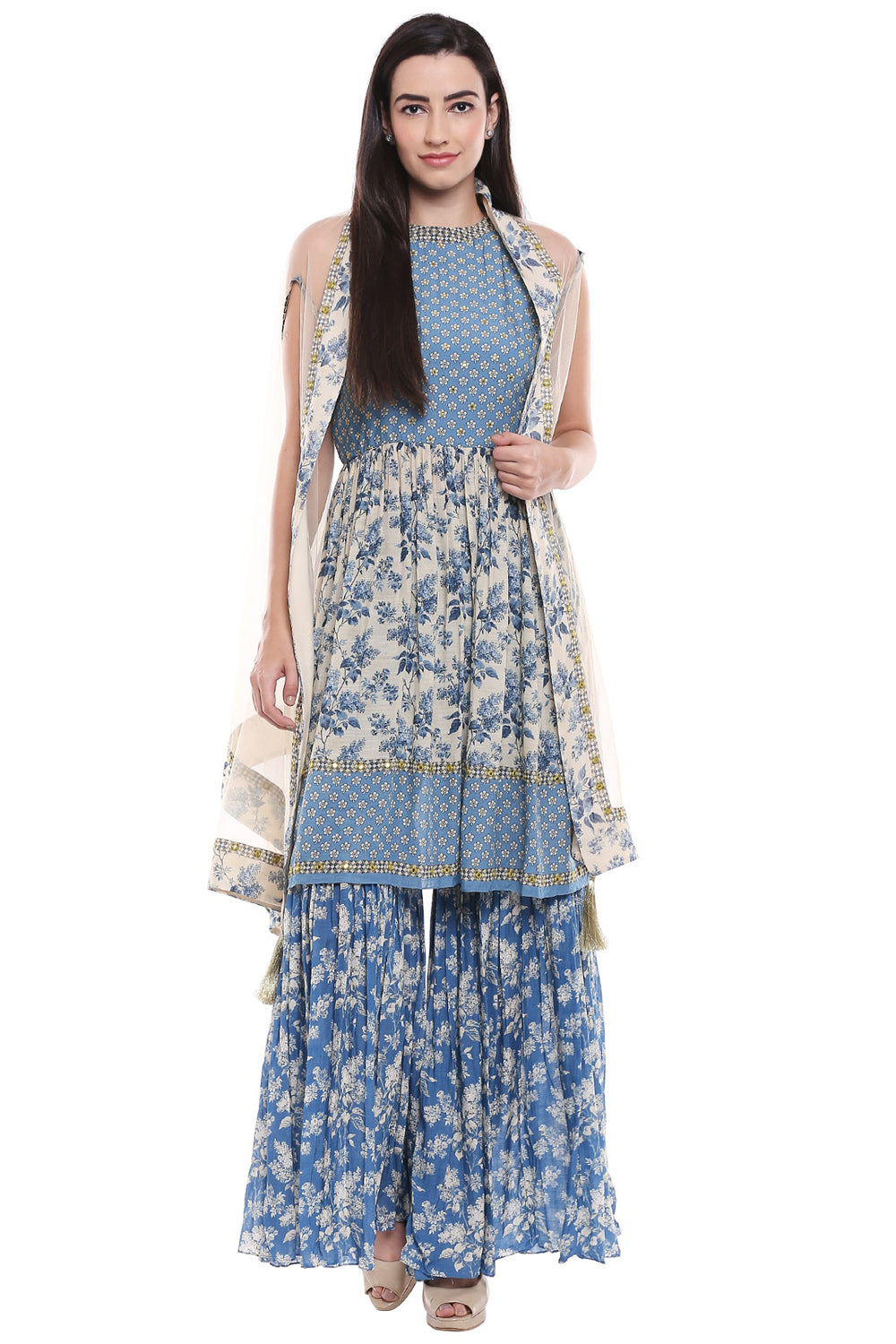 Applique Floral Printed Shrarara Set With Jacket