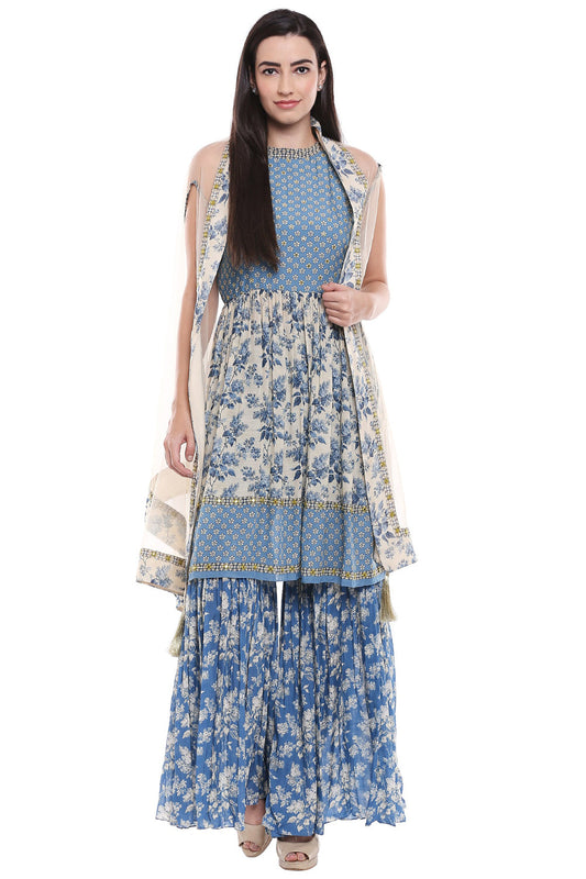 Applique Floral Printed Shrarara Set With Jacket