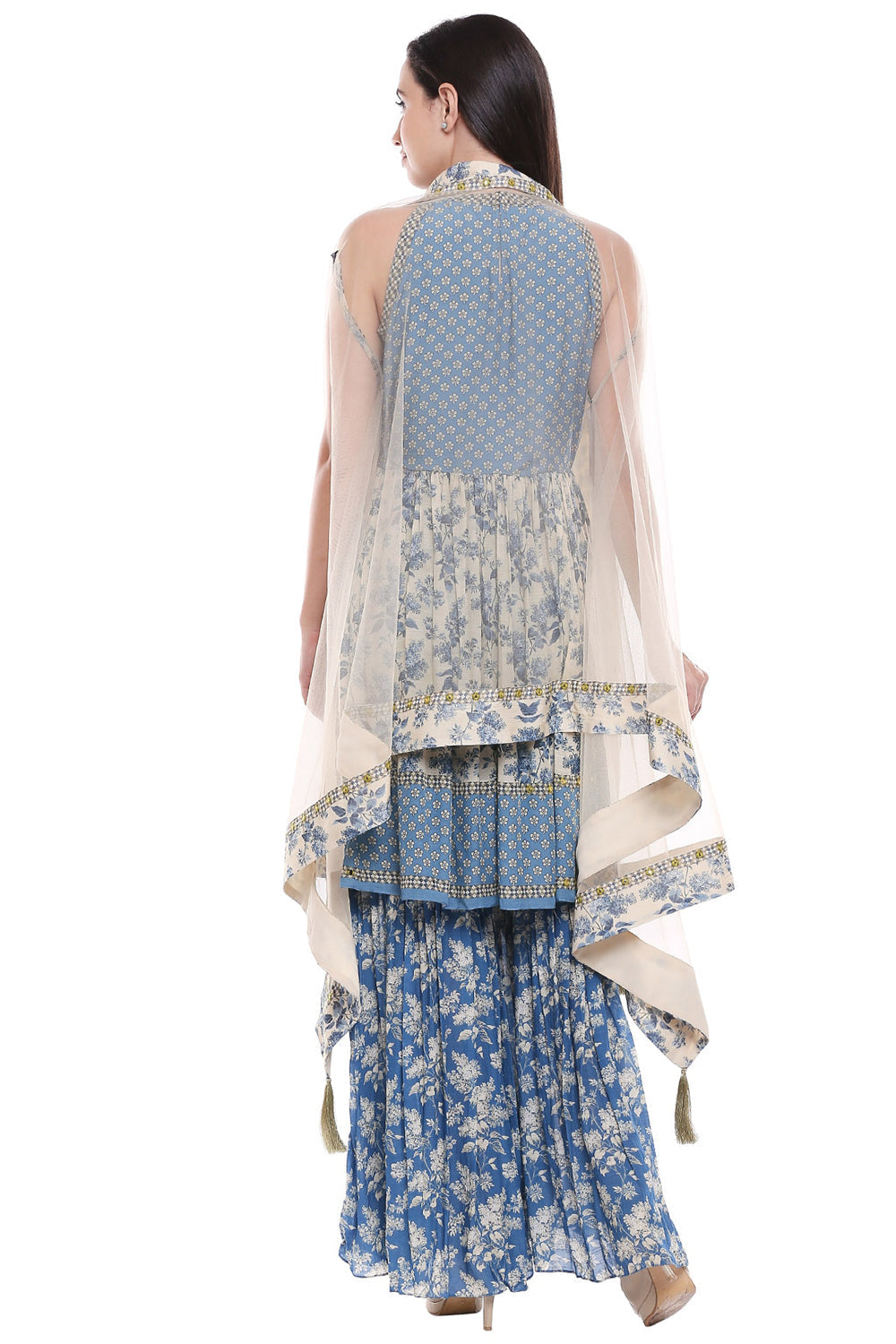 Applique Floral Printed Shrarara Set With Jacket