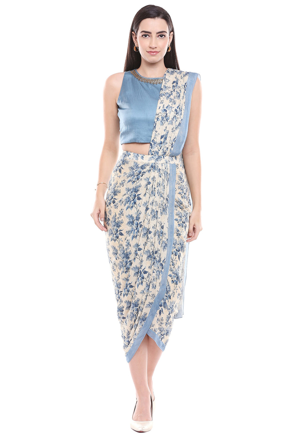 Applique Floral Printed Saree With Blouse