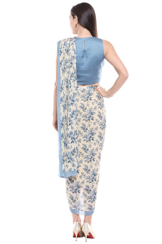 Applique Floral Printed Saree With Blouse