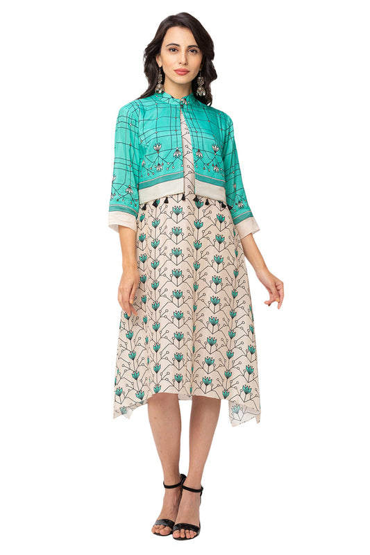 Turquoise  Printed Asymmetrical Dress With Jacket