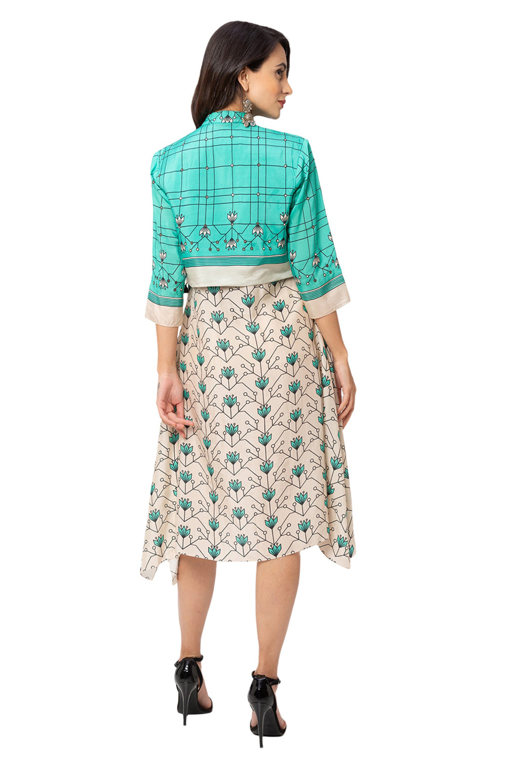 Turquoise  Printed Asymmetrical Dress With Jacket