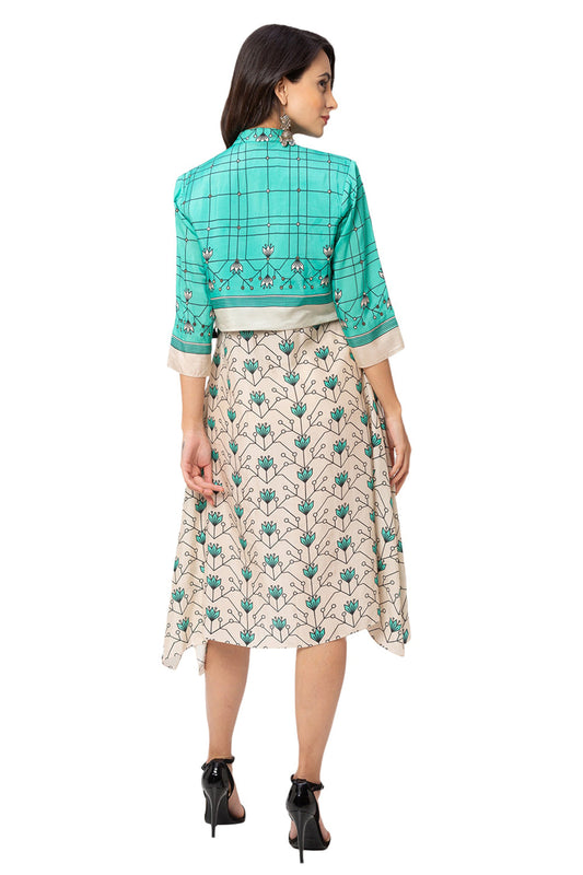 Turquoise  Printed Asymmetrical Dress With Jacket