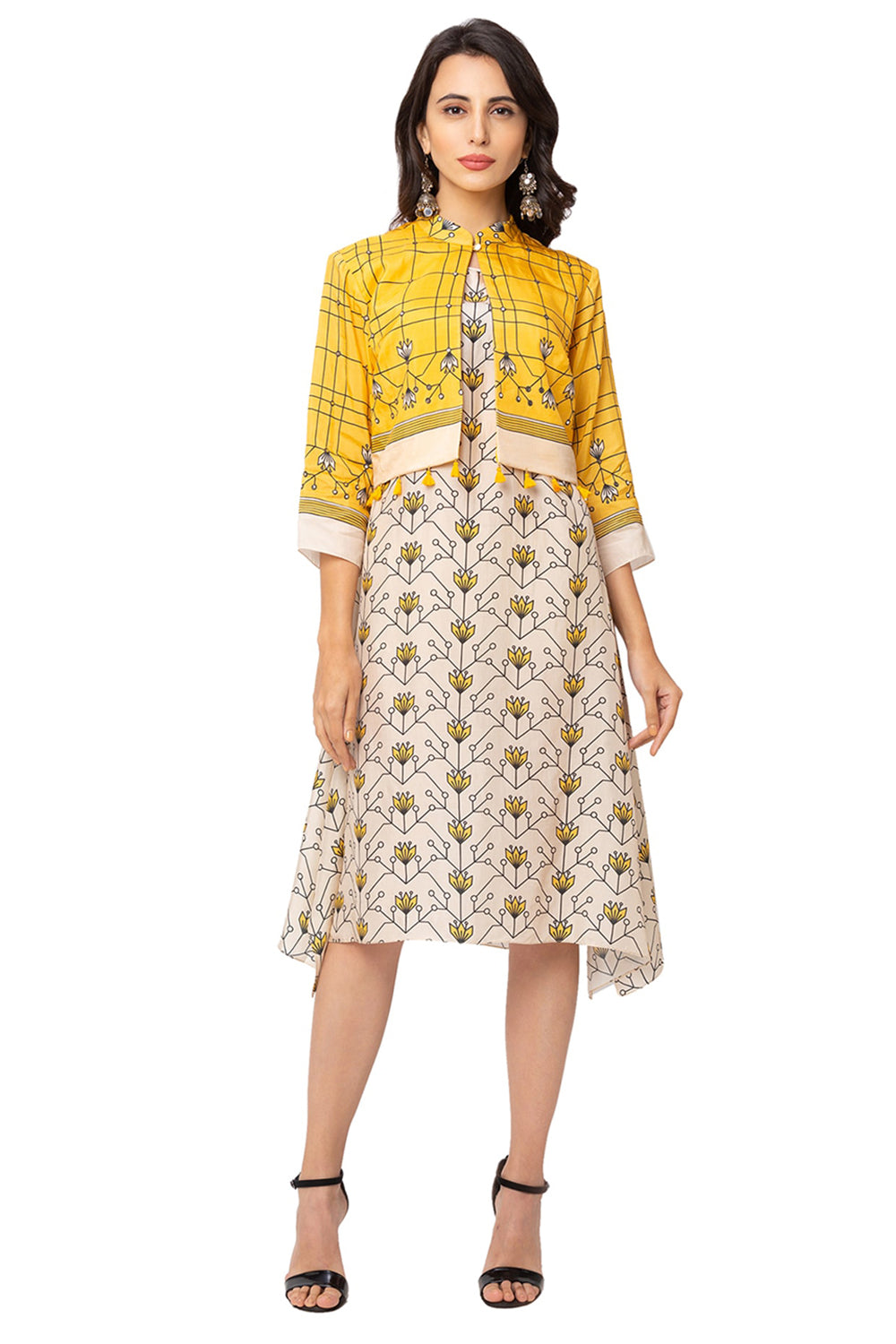 Mustard Asymmetrical Printed Dress With Jacket